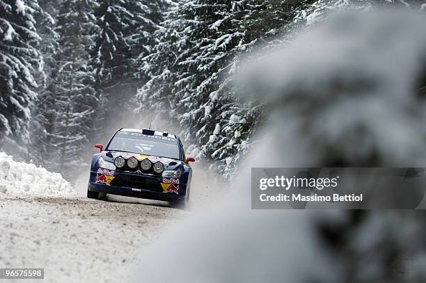 Kimi Raikkonen of Finland and Kaj Lindstrom of Finland compete in their Citroen C4 Junior Team during the Shakedown of the WRC Rally Sweden on...