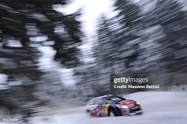 Sebastien Loeb of France and Daniel Elena of Monaco compete in their Citroen C4 Total during the Shakedown of the WRC Rally Sweden on February 11,...