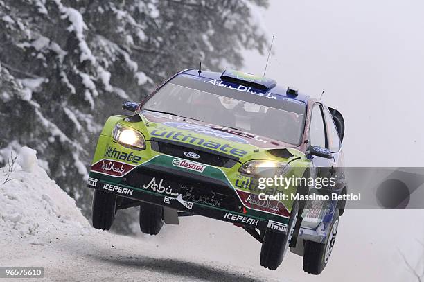 Mikko Hirvonen of Finland and Jarmo Lehtinen of Finland compete in their BP Abu Dhabi Ford Focus during the Shakedown of the WRC Rally Sweden on...