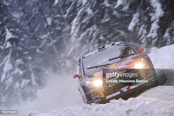 Sebastien Loeb of France and Daniel Elena of Monaco compete in their Citroen C4 Total during the Shakedown of the WRC Rally Sweden on February 11,...