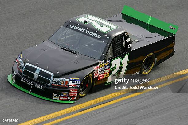 Donny Lia drives the ASI Limited/GunBroker.com Dodge during practice for the NASCAR Camping World Truck Series NextEra Energy Resources 250 at...
