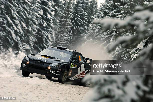 Mads Ostberg of Norway and Jonas Andersson of Sweden compete in their Adapta AS Subaru Impreza during the Shakedown of the WRC Rally Sweden on...