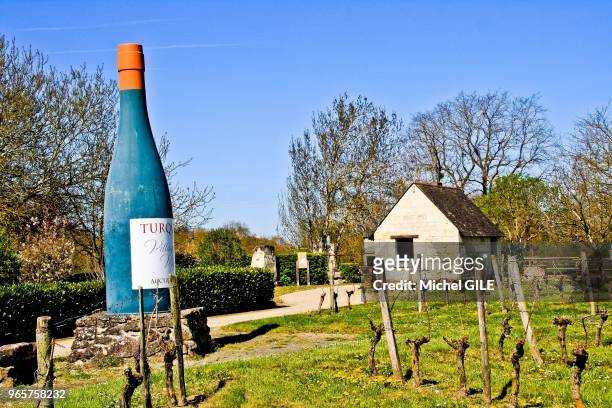 Bouteille géante informant d'un village de vignerons, Turquant, Maine et Loire France.