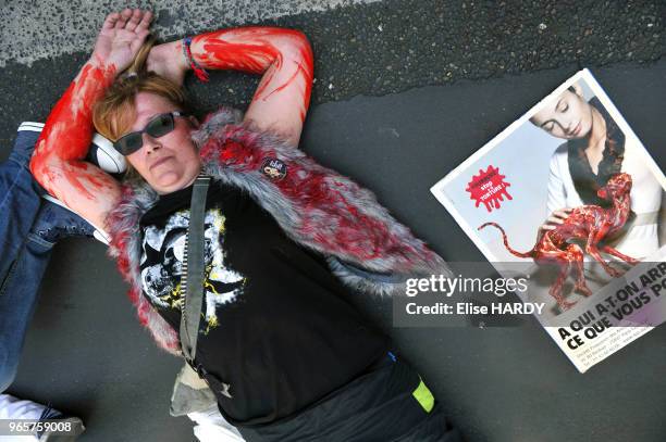 Laissons leur peau aux animaux", Manifestation anti-fourrure, Paris, France.