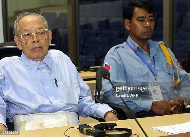 Former Khmer Rouge deputy prime minister and minister of foreign affairs Ieng Sary sits in the courtroom during a public hearing at the Extraodinary...