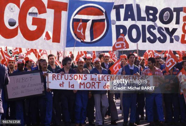 Manifestation des ouvriers de l'usine ?Talbot? de Poissy, 21 juillet 1983, France.