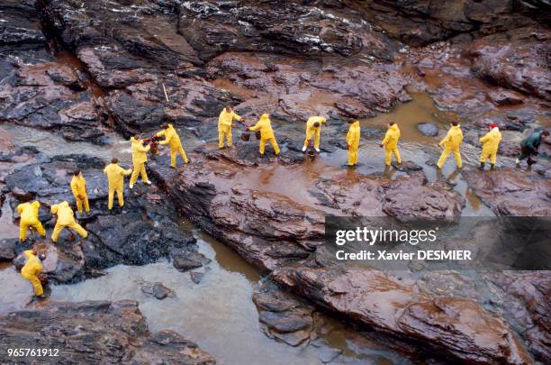 Belle-île-en-Mer, Brittany, France, Erika oil spill. Some volunters cleaning beaches. France, Bretagne, Belle-île-en-Mer, marée noire de l'Erika, des...