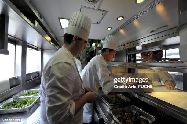 Orient Express Train morning after its departure from Gare Du Nord Station in Paris to Venice in Italy. The kitchen, the chef and his team. The five...