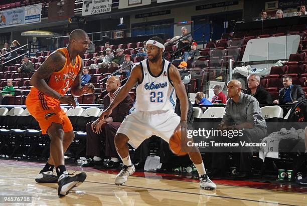 Mustafa Shakur of the Tulsa 66ers moves the ball against Carlos Powell of the Albuquerque Thunderbirds during the 2010 D-League Showcase at Qwest...