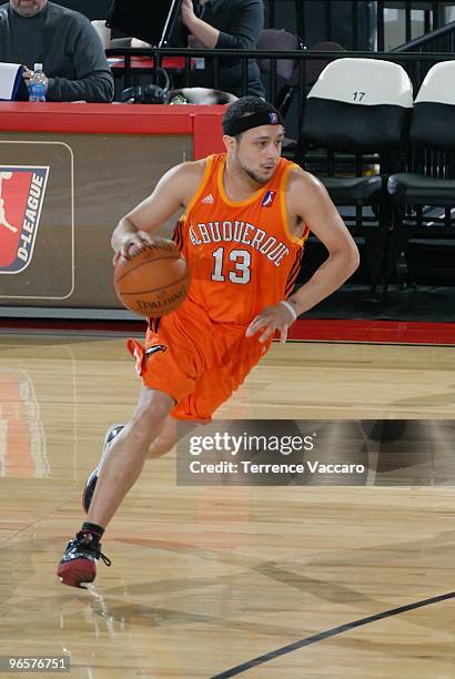 Antoine Agudio of the Albuquerque Thunderbirds moves the ball against the Tulsa 66ers during the 2010 D-League Showcase at Qwest Arena on January 7,...