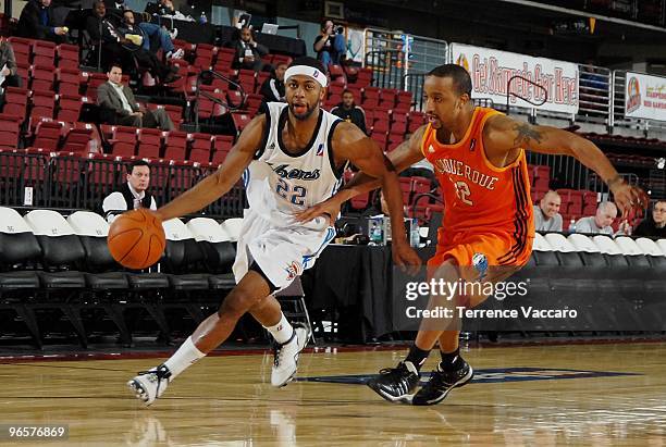 Mustafa Shakur of the Tulsa 66ers moves the ball against Jason Horton of the Albuquerque Thunderbirds during the 2010 D-League Showcase at Qwest...