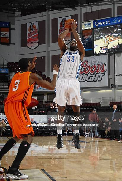 White of the Tulsa 66ers takes a jump shot against Kurt Looby of the Albuquerque Thunderbirds during the 2010 D-League Showcase at Qwest Arena on...