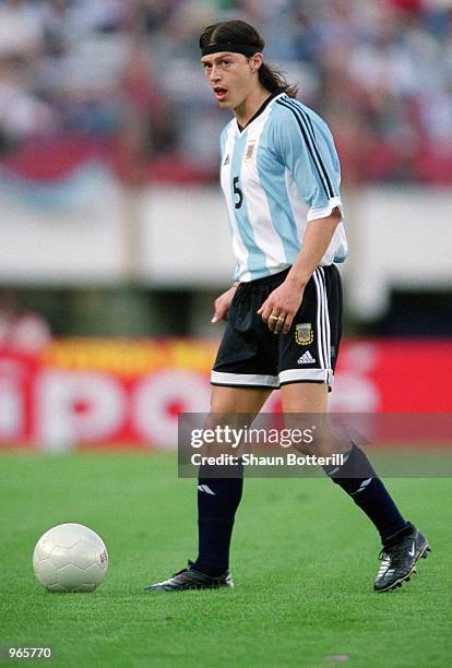 Matias Almeyda of Argentina on the ball during the FIFA 2002 World Cup Qualifier against Peru played at the Estadio River Plate in Buenos Aires,...