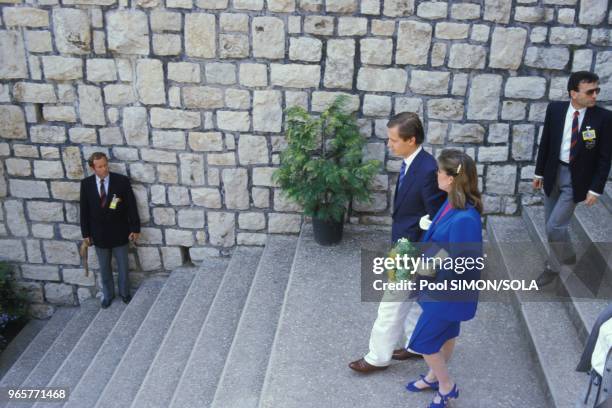 La princesse Caroline de Monaco et son epoux Stefano Casiraghi au Tournoi de Tennis de Monaco le 21 avril 1984 a Monaco.