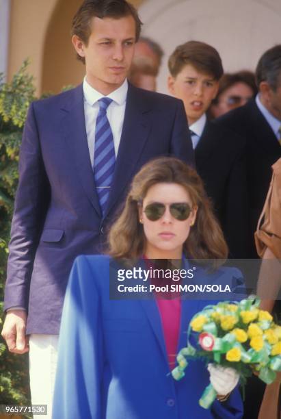 La princesse Caroline de Monaco et son epoux Stefano Casiraghi au Tournoi de Tennis de Monaco le 21 avril 1984 a Monaco.