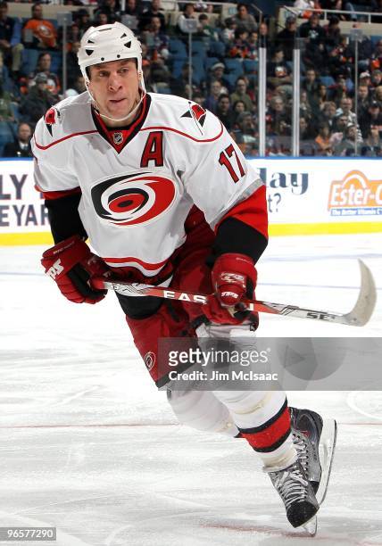 Rod Brind'Amour of the Carolina Hurricanes skates against the New York Islanders on February 6, 2010 at Nassau Coliseum in Uniondale, New York.