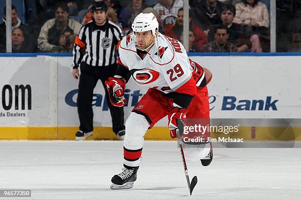 Tom Kostopoulos of the Carolina Hurricanes skates against the New York Islanders on February 6, 2010 at Nassau Coliseum in Uniondale, New York.