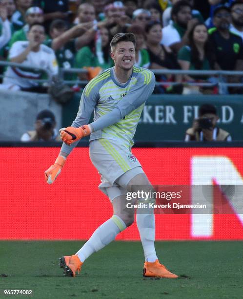 Goalkeeper Wayne Hennessey of Wales in action against Mexico during the first half of their friendly international soccer match at the Rose Bowl on...