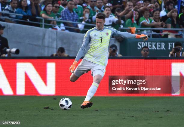 Goalkeeper Wayne Hennessey of Wales in action against Mexico during the first half of their friendly international soccer match at the Rose Bowl on...