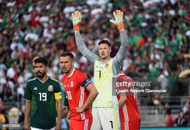 Goalkeeper Wayne Hennessey of Wales in action against Mexico during the second half of their friendly international soccer match at the Rose Bowl on...