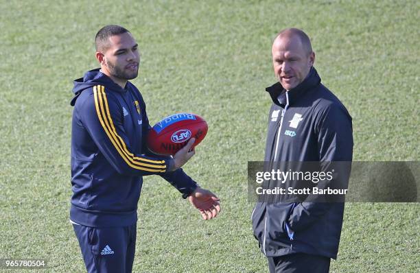 Jarman Impey of the Hawks talks with Chad Cornes of the Power during the round 11 AFL match between the Hawthorn Hawks and the Port Adelaide Power at...