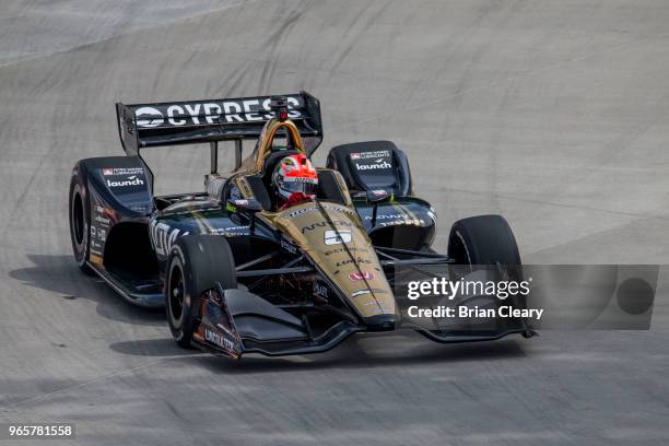 James Hinchcliffe of Canada drives the Honda Indy car on the track during practice for the Verizon IndyCar series race at the Chevrolet Detroit Grand...