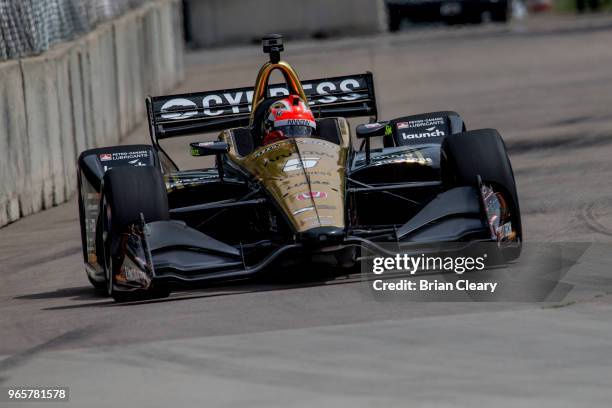 James Hinchcliffe of Canada drives the Honda Indy car on the track during practice for the Verizon IndyCar series race at the Chevrolet Detroit Grand...