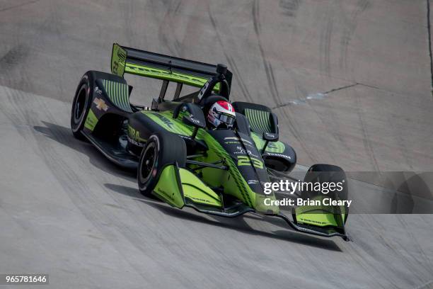 Charlie Kimball drives the Chevrolet Indy car on the track during practice for the Verizon IndyCar series race at the Chevrolet Detroit Grand Prix...