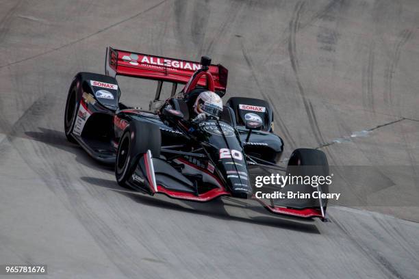 Jordan King of Great Britain drives the Chevrolet Indy car on the track during practice for the Verizon IndyCar series race at the Chevrolet Detroit...