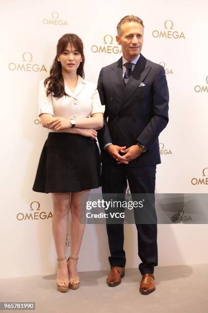 South Korean actress Song Hye-kyo attends the opening ceremony of Omega store on June 1, 2018 in Hong Kong, China.