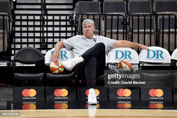 Bill Laimbeer of the Las Vegas Aces looks on during warm ups prior to the game against the Washington Mystics on June 1, 2018 at the Mandalay Bay...