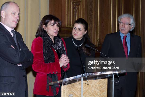 Christophe Girard, Anne Hidalgo, Cecilia Bartoli and Pierre Schapira attend Cecilia Bartoli's honor medal ceremony of the city of Paris at the Hotel...