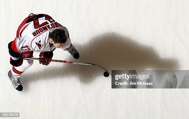 Rod Brind'Amour of the Carolina Hurricanes warms up before playing the New York Islanders on February 6, 2010 at Nassau Coliseum in Uniondale, New...