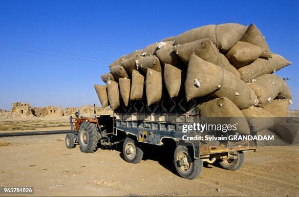 Camion surcharge des balles de coton. Les ruines de Resafa. Syrie Camion surcharge des balles de coton. Les ruines de Resafa. Syrie.