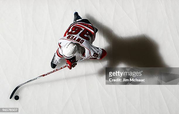 Patrick Dwyer of the Carolina Hurricanes warms up before playing the New York Islanders on February 6, 2010 at Nassau Coliseum in Uniondale, New York.