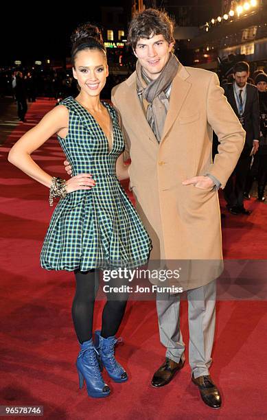 Jessica Alba and Ashton Kutcher attend the European Premiere of 'Valentine's Day' at Odeon Leicester Square on February 11, 2010 in London, England.