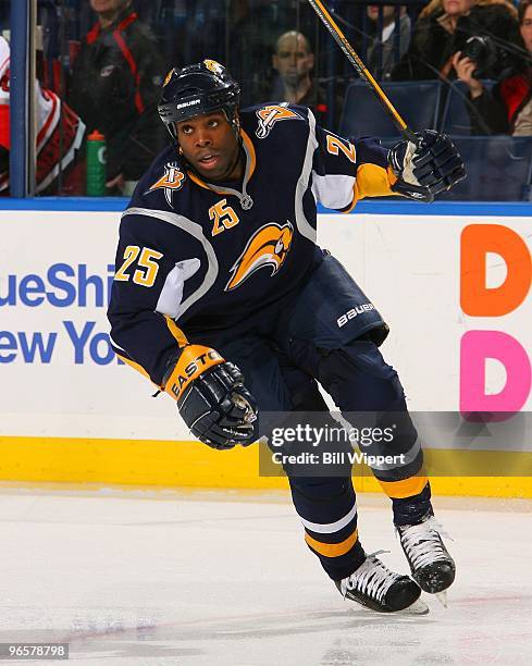Michael Grier of the Buffalo Sabres skates against the Carolina Hurricanes on February 5, 2010 at HSBC Arena in Buffalo, New York. The Hurricanes...