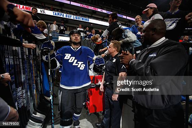 Nate Thompson of the Tampa Bay Lightning heads to the ice for pre-game skate against the Calgary Flames at the St. Pete Times Forum on February 6,...