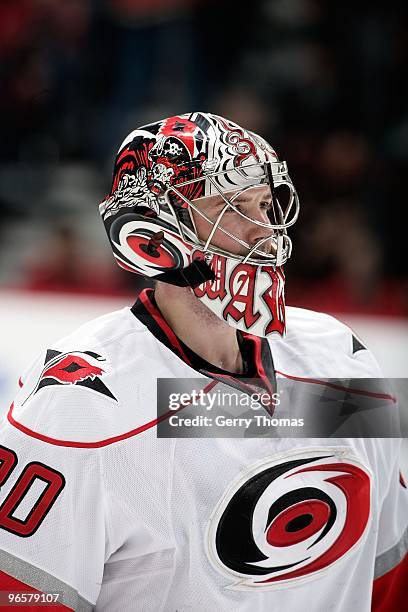 Cam Ward of the Carolina Hurricanes skates against the Calgary Flames on February 3, 2010 at Pengrowth Saddledome in Calgary, Alberta, Canada. The...