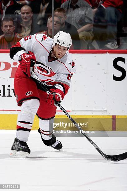 Tim Gleason of the Carolina Hurricanes skates against the Calgary Flames on February 3, 2010 at Pengrowth Saddledome in Calgary, Alberta, Canada. The...