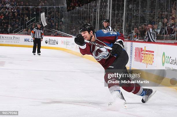 Chris Stewart of the Colorado Avalanche shoots against the St. Louis Blues at the Pepsi Center on February 08, 2010 in Denver, Colorado. The...