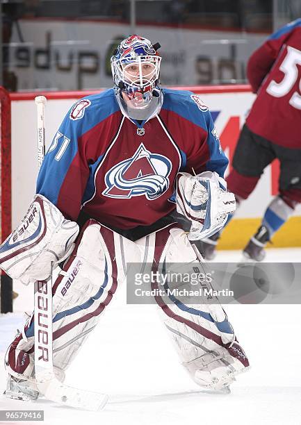 Goaltender Peter Budaj of the Colorado Avalanche skates prior to the game against the St. Louis Blues at the Pepsi Center on February 08, 2010 in...