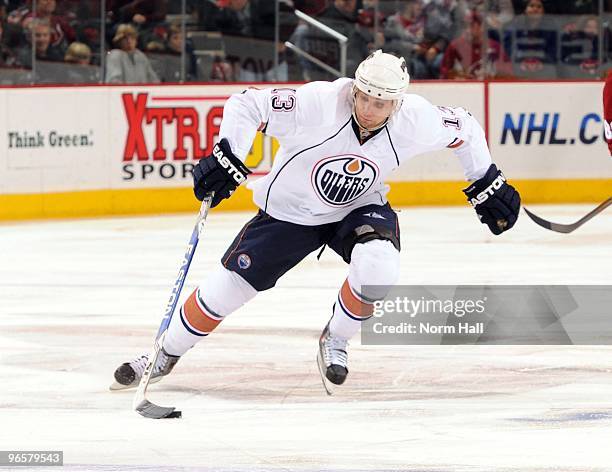 Andrew Cogliano of the Edmonton Oilers skates the puck up ice against the Phoenix Coyotes on February 8, 2010 at Jobing.com Arena in Glendale,...