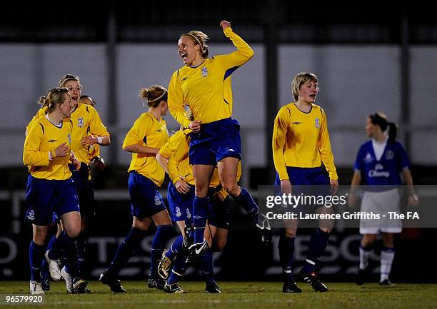 Katie Holtham of Leeds Carnegie celebrates the firs goal during the Tesco Womens Premier League Cup Final between Everton and Leeds Carnegie at...