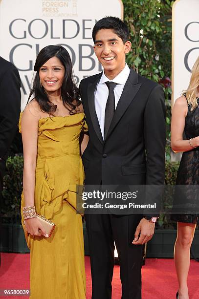 Actors Freida Pinto and Dev Patel arrive at the 66th Annual Golden Globe Awards held at the Beverly Hilton Hotel on January 11, 2009 in Beverly...