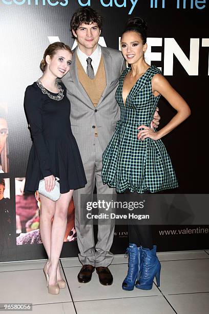 Emma Roberts, Ashton Kutcher and Jessica Alba attend the European premiere of Valentines Day held at the Odeon Leicester Square on February 11, 2010...