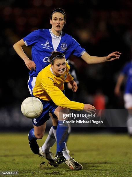 Jill Scott of Everton tackles Jade Moore of Leeds during the FA Tesco Women�s Premier League Cup Final between Everton and Leeds Carnegie at Spotland...