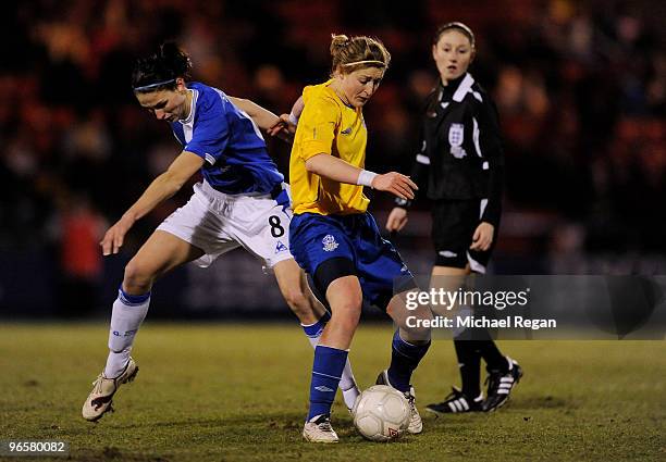 Jill Scott of Everton tackles Ellen White of Leeds during the FA Tesco Women�s Premier League Cup Final between Everton and Leeds Carnegie at...