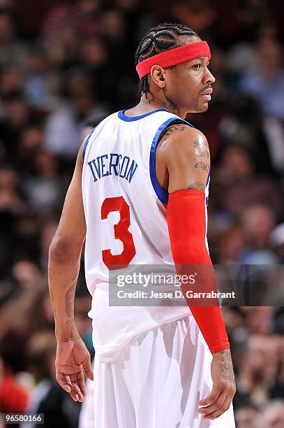 Allen Iverson of the Philadelphia 76ers stands on the court during the game against the Los Angeles Lakers on January 29, 2010 at Wachovia Center in...