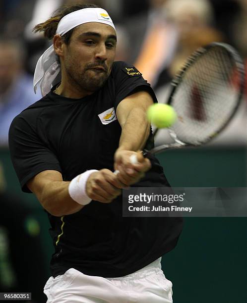Marcus Baghdatis of Cyprus in action in his match against Nikolay Davydenko of Russia during day four of the ABN AMBRO World Tennis Tournament on...